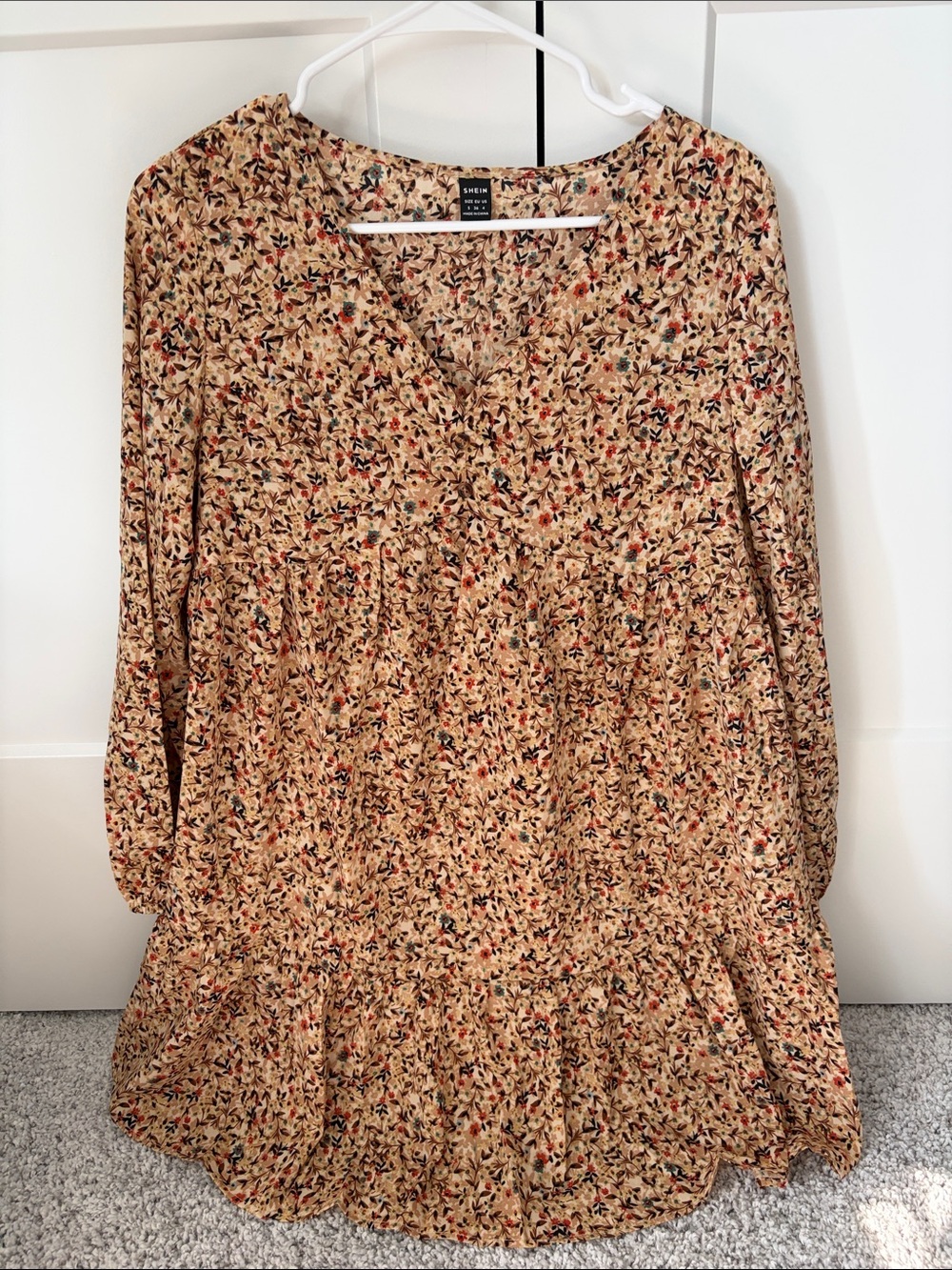 SHEIN Beige Floral Long Sleeve Tiered Dress with Red & Black Accents